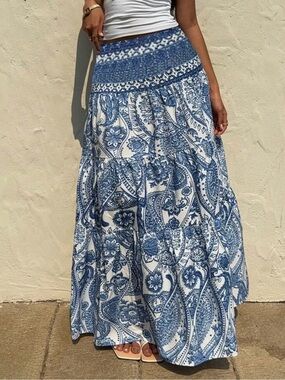 Blue Paisley Tiered Maxi Skirt with Smocked Waist